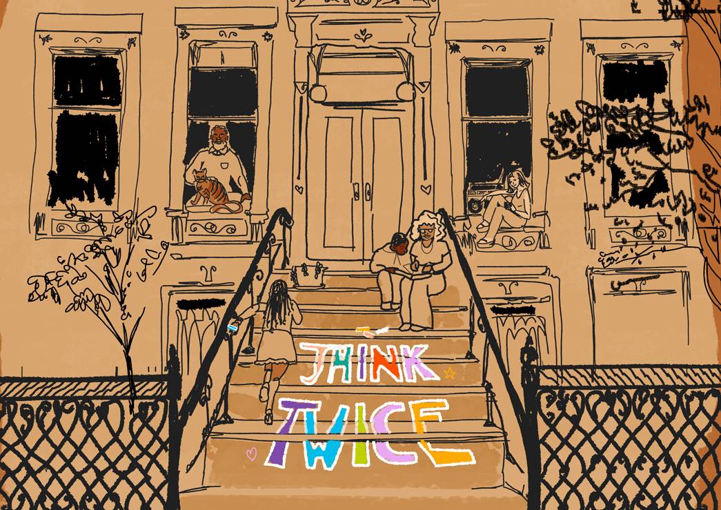 Illustration of people on stoop with words 